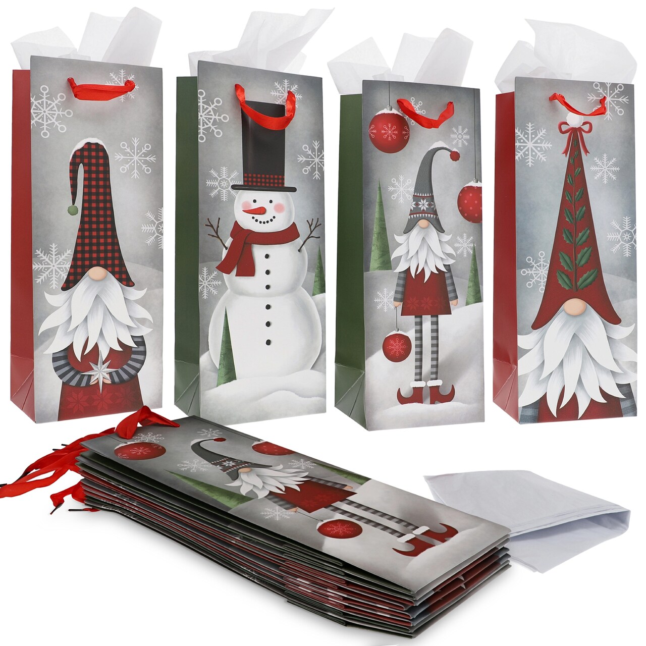 Bright Creations 12 Pack Christmas Wine Gift Bags with Tissue Paper Wrapping, 4 Gnomes Snowmen Designs for Home Party Holiday Supplies, Fun and Festive Xmas Packaging (5 x 13.6 x 4 in)
